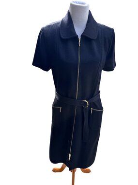 St John Collection Dress Women 12 Black Knit Belted Gold Zip Pockets USA
